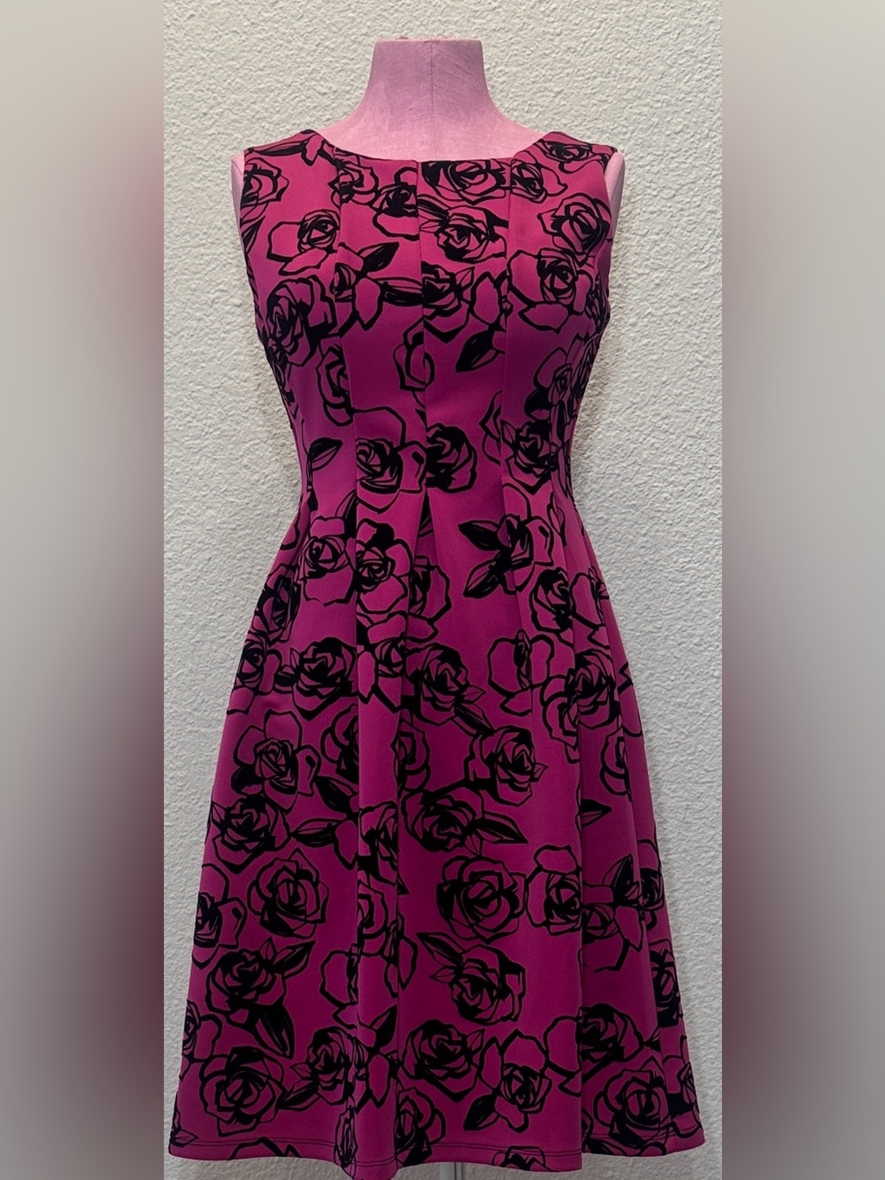 Enfocus Studio Pink Velvet Flocked Rose Fit & Flare Dress Size 4 CUTE!!